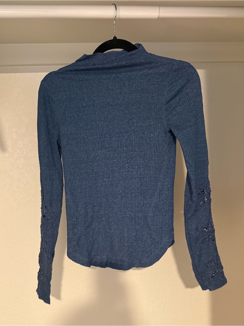 Free People Blue Ribbed Long-Sleeve Top with Eyelet Sleeve Detail